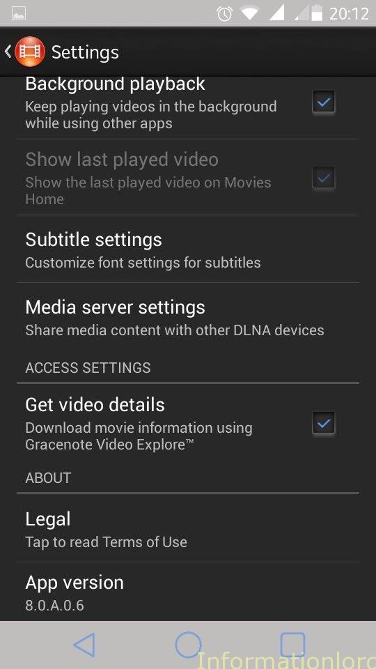 Movies 8.0.A.0.6 Settings