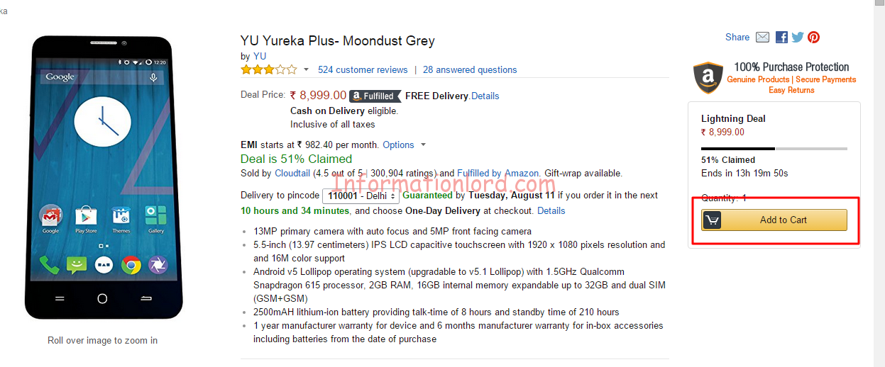 Buy YU Yureka Plus without registration, Buy YU YUreka plus at cheap rates, YU Yureka Plus Buy Online