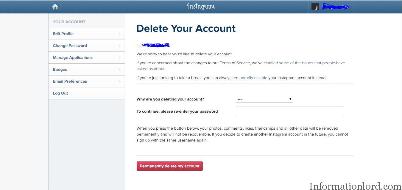 Choose your reason for deleting your account. 