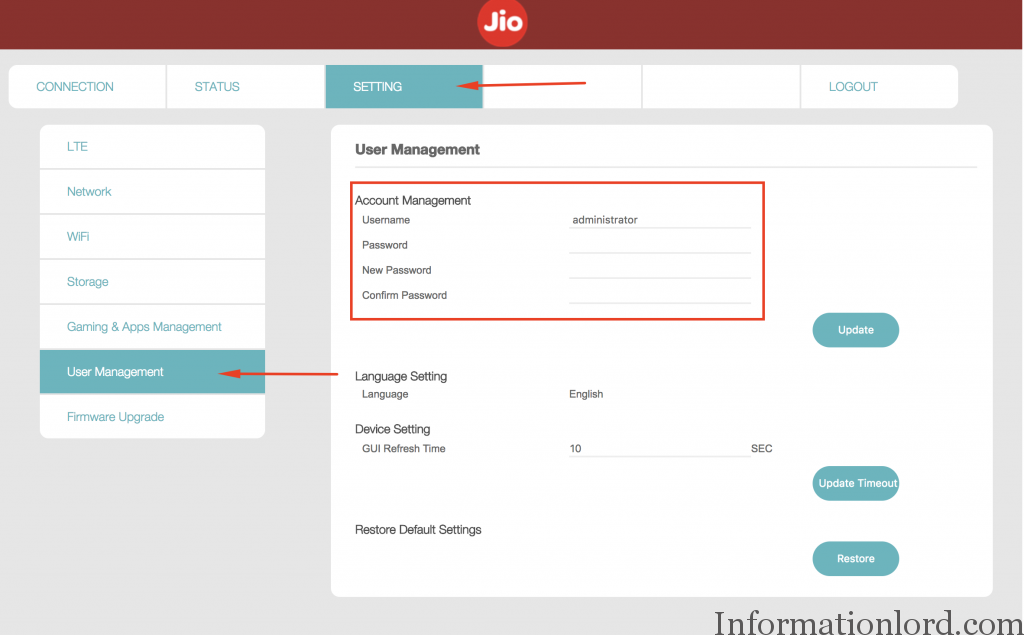 How to change username and password Jiofi Hotspot